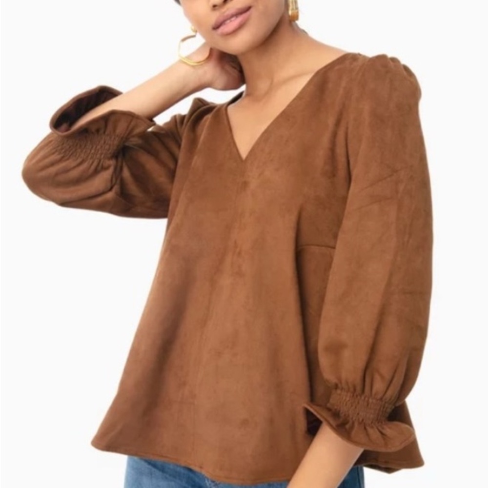 Tuckernuck Brown Puff Sleeve V-Neck Blouse
